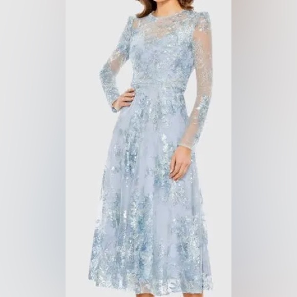 MAC DUGGAL 68020 Blue Embellished Illusion Long Sleeve Midi Dress Sz 18 $698 - Picture 1 of 9